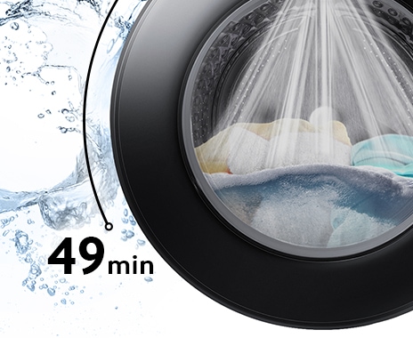 Towels and doll is in the drum and  washing takes 49 minutes with the powerful water spray.