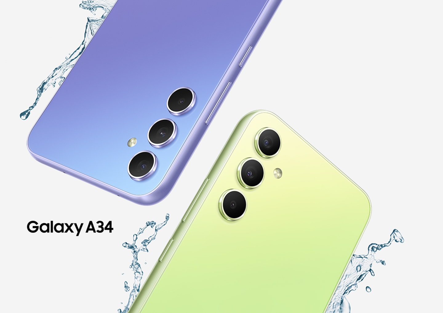 Two Galaxy A34 5Gs show their top halves of their backsides, one in Awesome Violet and the other in Awesome Lime. Water droplets are splashing around the devices "Awesome 5G“.