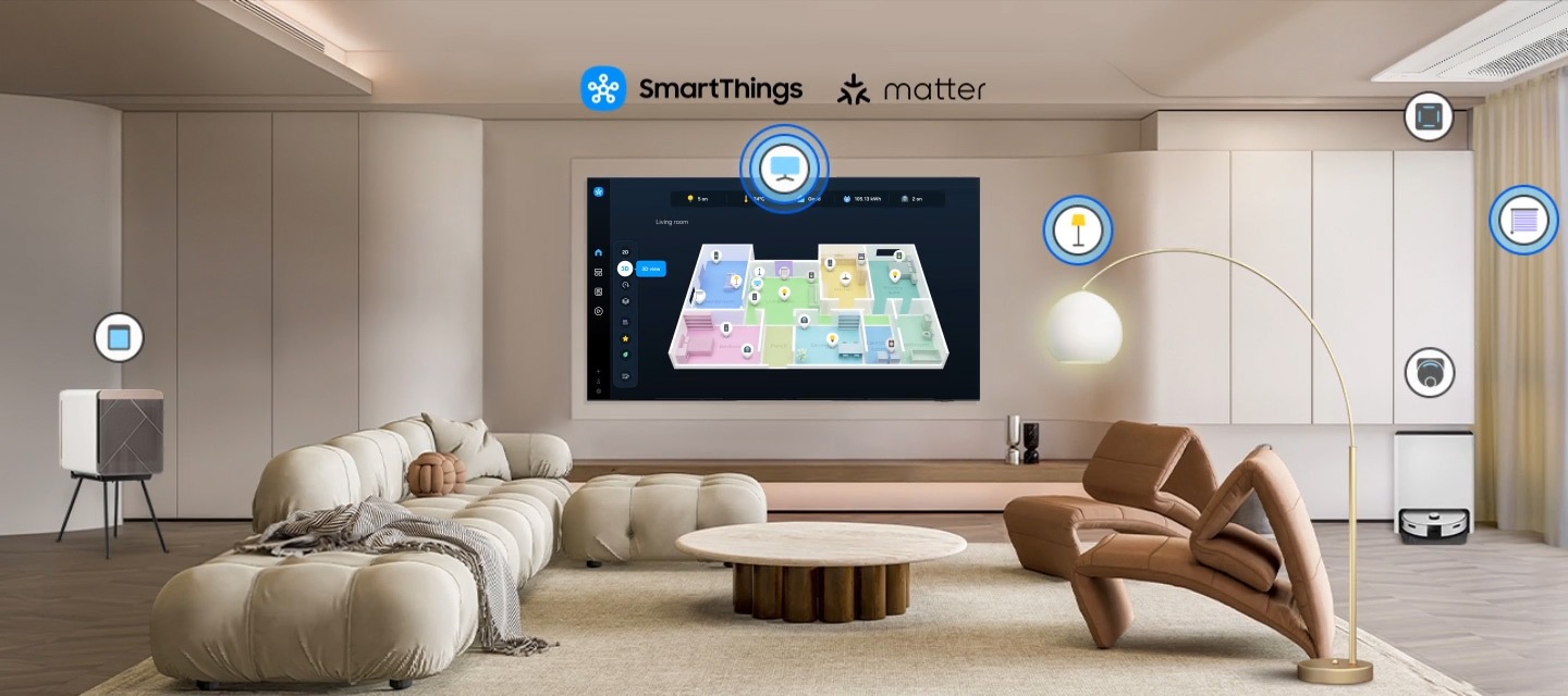 Телевізор у вітальні показує екран SmartThings. Логотипи SmartThings і Matter. Значки відображаються на підключених пристроях. Збільшення масштабу телевізора показує SmartThings у різних кімнатах. Зверніть увагу на стан освітлення. Він перемикається з "Вимкнено" на "Увімкнено". Статус жалюзі змінюється з &laquo;Вимкнено&raquo; на &laquo;Відкрито&raquo;. Зменште масштаб, щоб телевізор відображав інформацію про розумний дім.