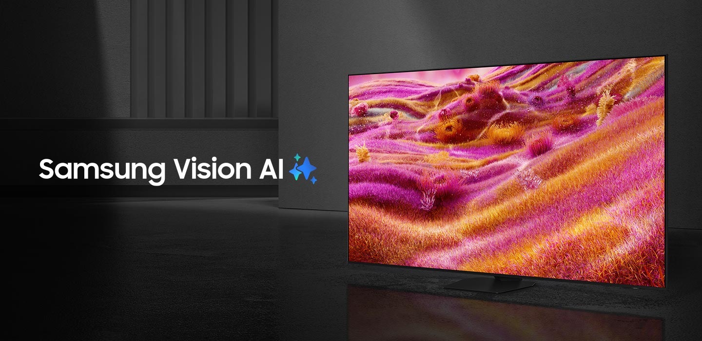 &laquo;Samsung Vision AI&raquo; супроводжується логотипом Samsung AI. Поруч вмикається телевізор, показуючи барвистий пейзаж.