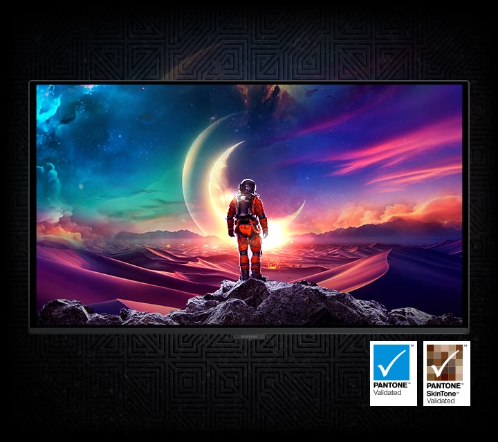 Космонавт стоит на утесе и смотрит на луну. Небо окрашено в яркие цвета, от голубого до розового и фиолетового. Логотип Pantone Validated. Логотип Pantone SkinTone Validated.