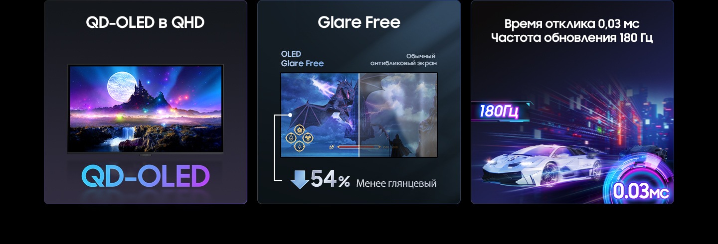QD-OLED в QHD. На экране телевизора отображаются замок и водопад. На заднем плане — планета с яркими огнями, заполняющими экран. Без бликов. Пленка OLED Glare Free делает экран на 54 % менее блестящим, чем обычная антибликовая пленка. Частота обновления 180 Гц и время отклика 0,03 мс. Гоночный автомобиль вылетает с экрана.