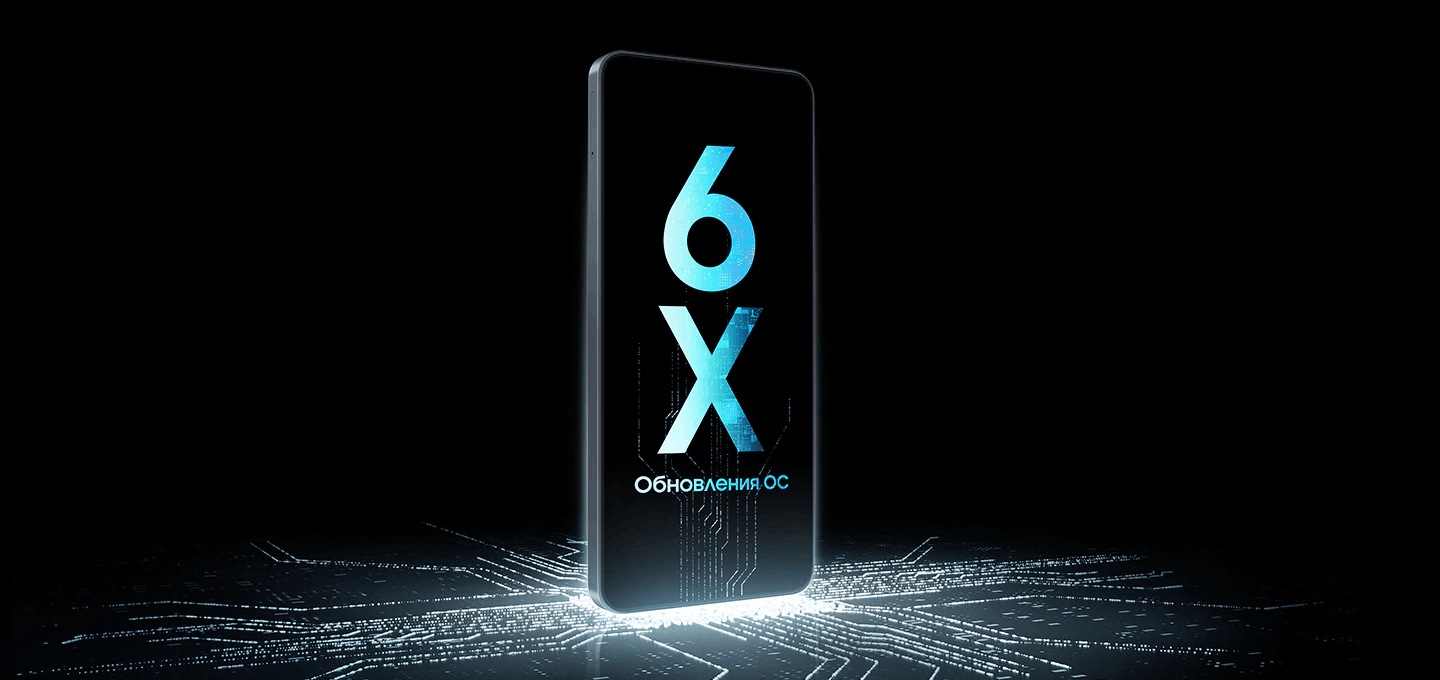 Устройство Galaxy A08 стоит вертикально на люминесцентной микросхеме, которая продолжается вверх по экрану, на котором отображается надпись "6-кратные обновления операционной системы".