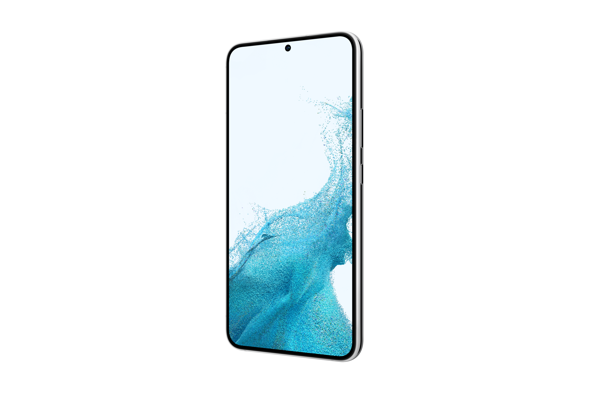 Mặt trước điện thoại Samsung S22 plus Phantom White màu Trắng Phantom 256GB nhìn từ góc nghiêng phải 30 độ. 