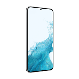 Mặt trước điện thoại Samsung S22 plus Phantom White màu Trắng Phantom 256GB nhìn từ góc nghiêng trái 30 độ. 