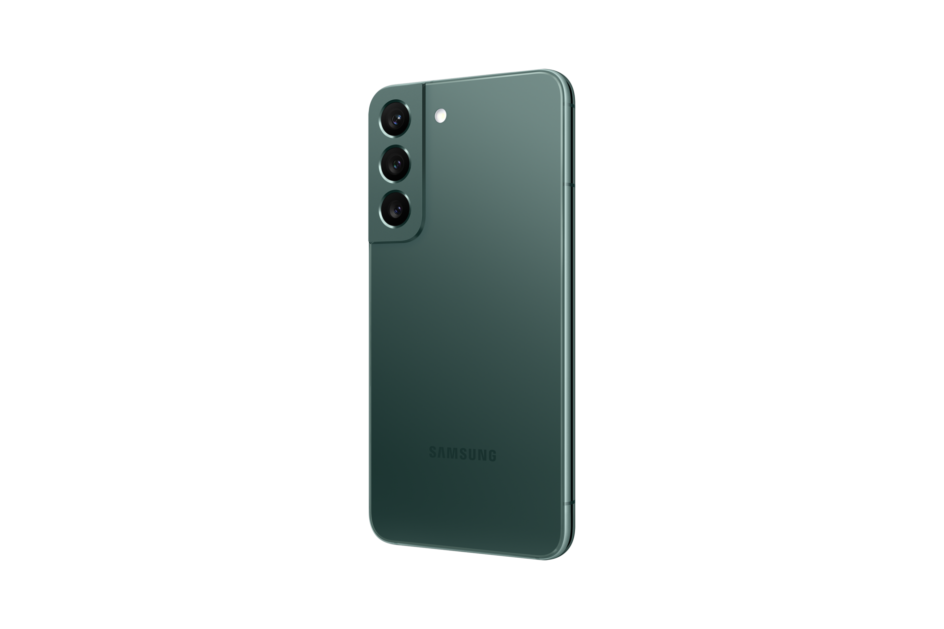 Mặt sau điện thoại Samsung S22 128 gb green màu xanh zeta nhìn từ góc nghiêng phải 30 độ.