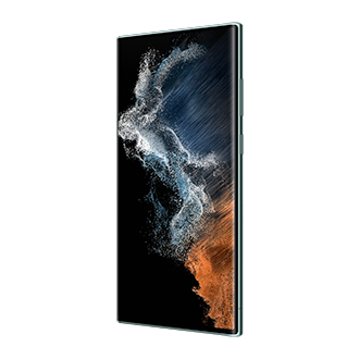 Mặt trước điện thoại Samsung S22 Ultra green màu xanh zeta 128 gb nhìn ở góc nghiêng phải 30 độ.