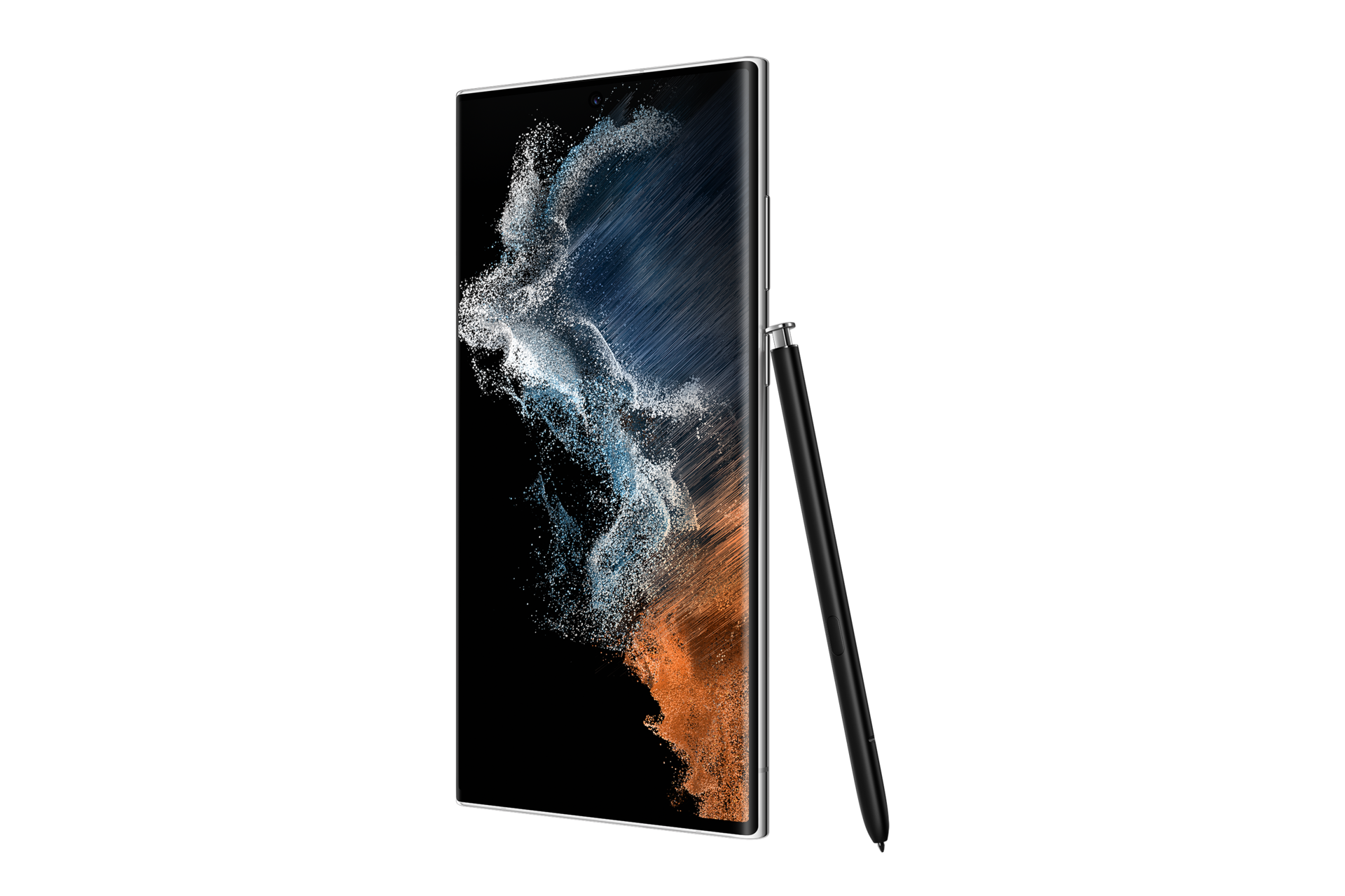 Mặt trước điện thoại Samsung S22 Ultra Phantom white - màu trắng Phantom 512 gb với bút S Pen kèm theo nhìn từ góc nghiêng phải 30 độ. Tham khảo giá bán Samsung S22 Ultra ưu đãi.