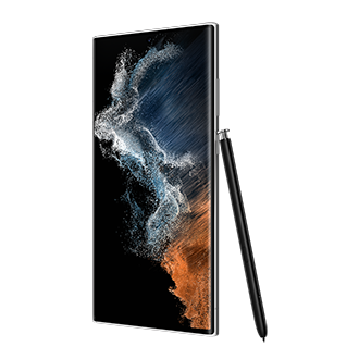 Mặt trước điện thoại Samsung S22 Ultra Phantom white - màu trắng Phantom 512 gb với bút S Pen kèm theo nhìn từ góc nghiêng phải 30 độ. Tham khảo giá bán Samsung S22 Ultra ưu đãi.