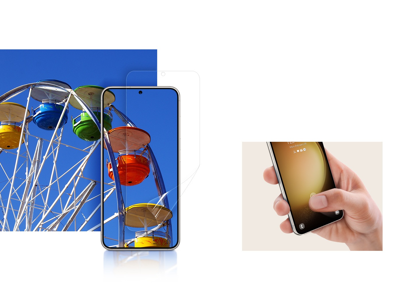 Một bàn tay đang cầm điện thoại có Dán Màn Hình khi ngón tay cái chạm nhẹ vào màn hình để thể hiện độ nhạy cao của miếng dán. Một chiếc điện thoại Galaxy S23 có Dán Màn Hình được đặt trên một bức tranh đầy màu sắc có thể nhìn thấy rõ qua thiết bị như nhìn thấy qua kính.