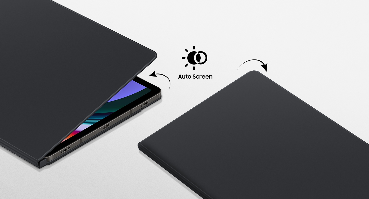 Hình ảnh hai thiết bị Galaxy Tab S9 được ốp trong Smart Book Cover đang nằm phẳng. Bao da trên một thiết bị hơi mở với màn hình bật để hiển thị tính năng tự động đánh thức. Thiết bị còn lại được tắt khi bao da đóng.