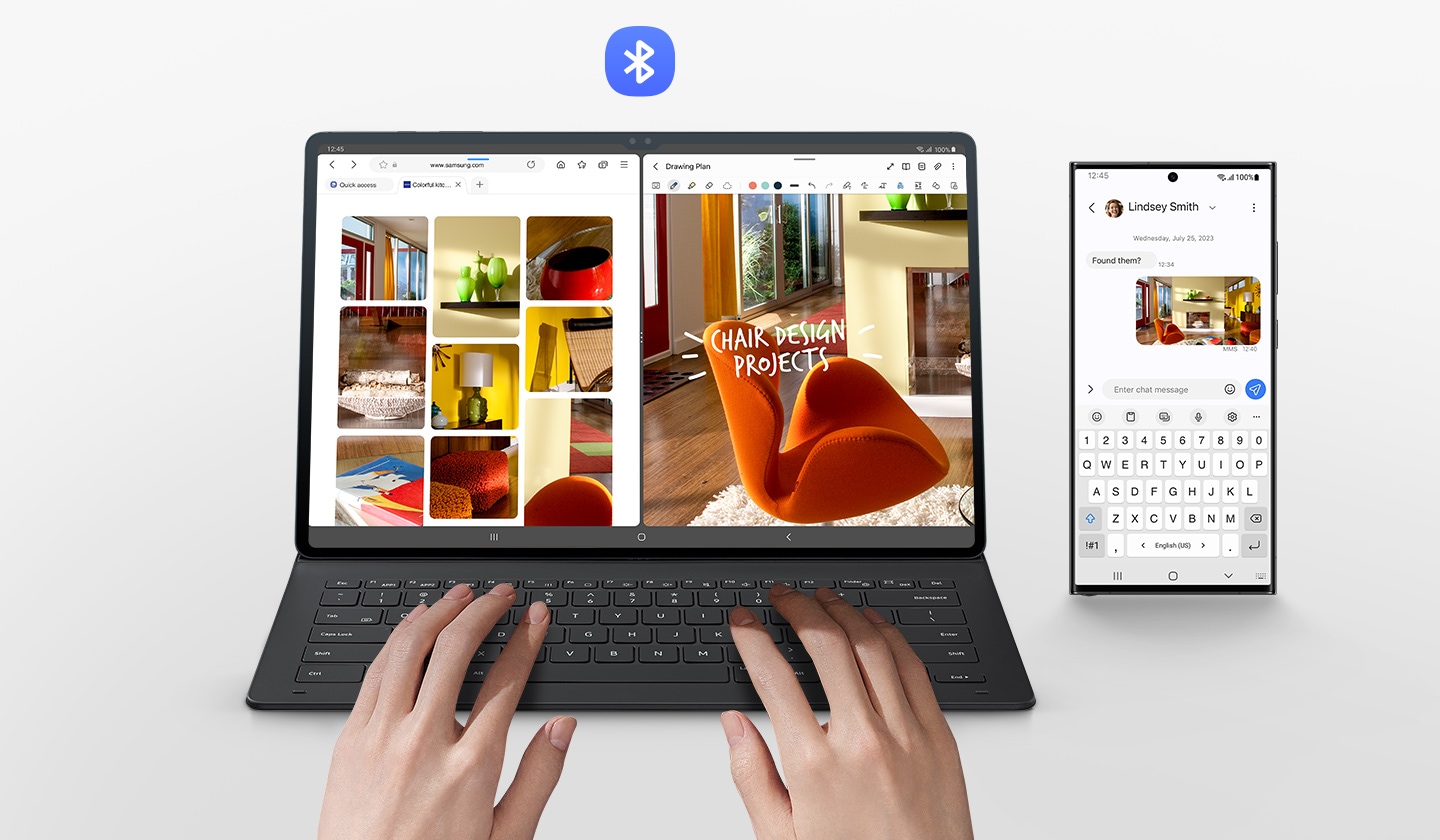 Một người đang sử dụng Galaxy Tab S9 Ultra có Book Cover Keyboard Slim. Màn hình được chia thành hai cửa sổ với một số kết quả hình ảnh đồ nội thất gia đình trên web và một trong những hình ảnh đang được chỉnh sửa. Một điện thoại thông minh Galaxy có hình ảnh trên màn hình trong khi các chữ cái đang được gõ bằng bàn phím của bao da. Logo Bluetooth được hiển thị.
