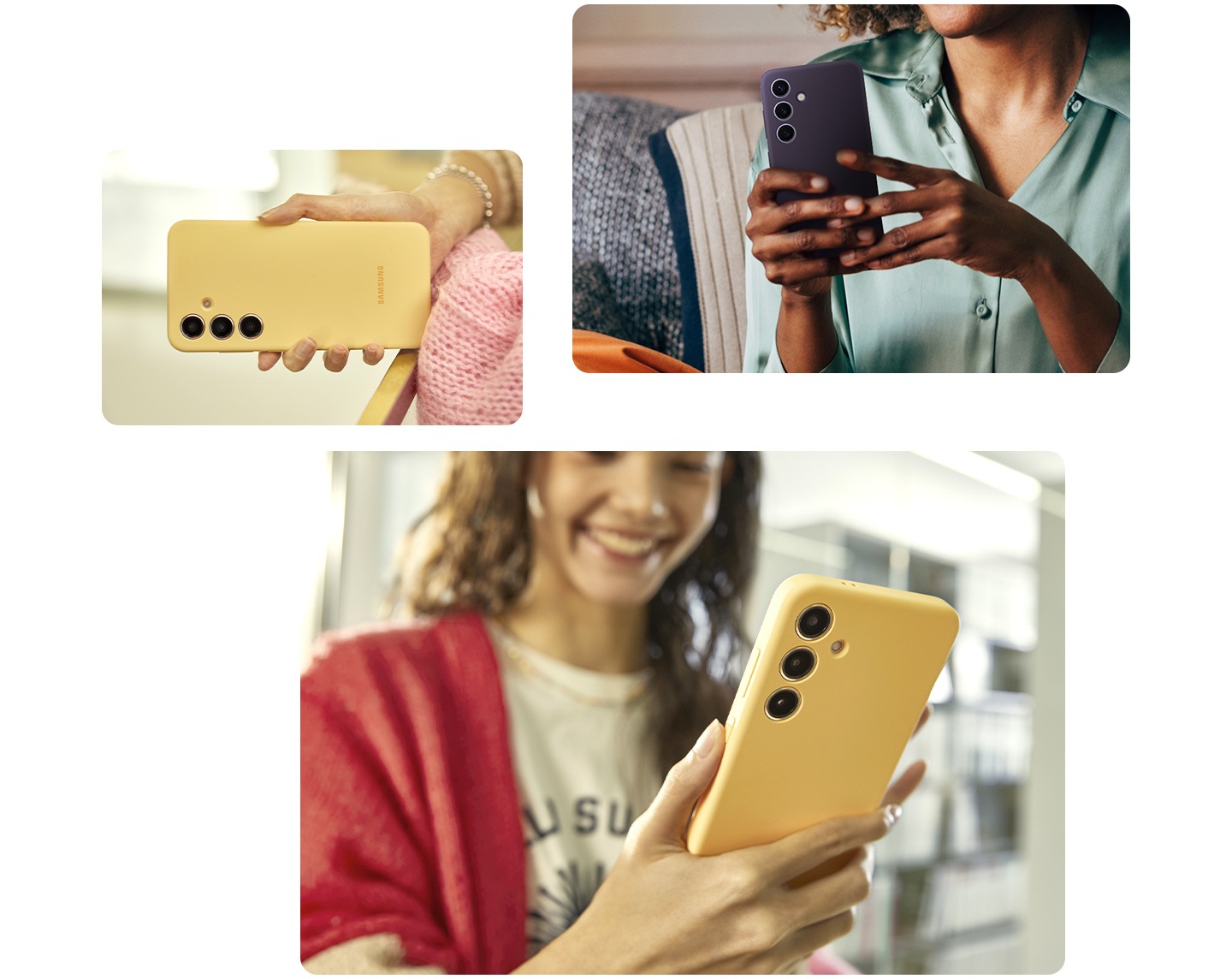 Ở phía trên bên trái, một người phụ nữ đang thoải mái cầm chiếc điện thoại Galaxy S24 trong một chiếc ốp lưng Silicone màu tím. Bên dưới, hai bức ảnh khác nhau cho thấy một người cầm một chiếc điện thoại Galaxy S24 Plus trong một chiếc ốp lưng Silicone màu vàng với một tay, cho thấy sự dễ dàng khi cầm chiếc điện thoại này.