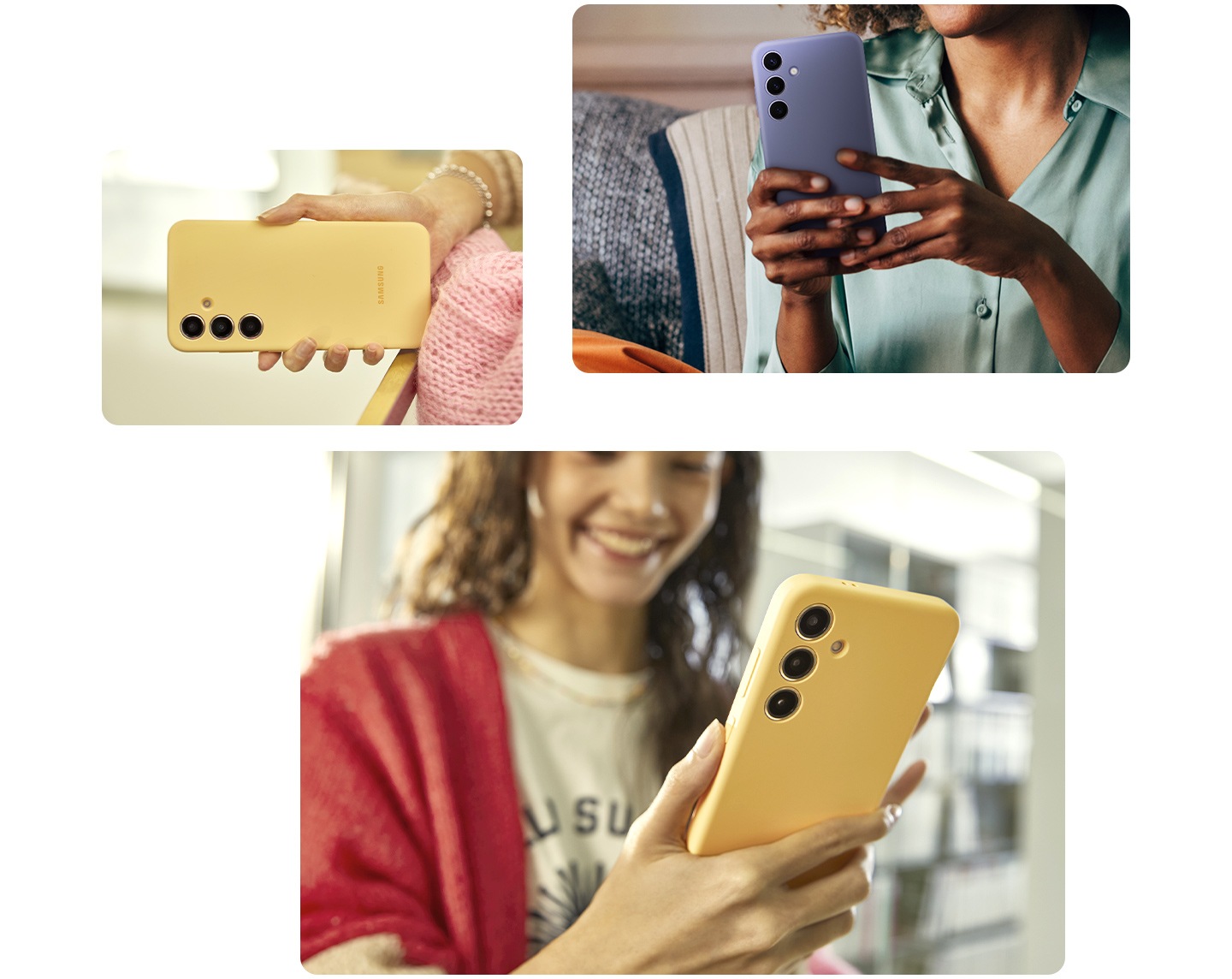 Ở phía trên bên trái, một người phụ nữ đang thoải mái cầm chiếc Galaxy S24 Plus trong một chiếc ốp lưng Silicone màu tím. Bên dưới, hai bức ảnh khác nhau cho thấy một người cầm một chiếc điện thoại Galaxy S24 Plus trong một chiếc ốp lưng Silicone màu vàng bằng một tay, cho thấy sự dễ dàng của tay cầm.