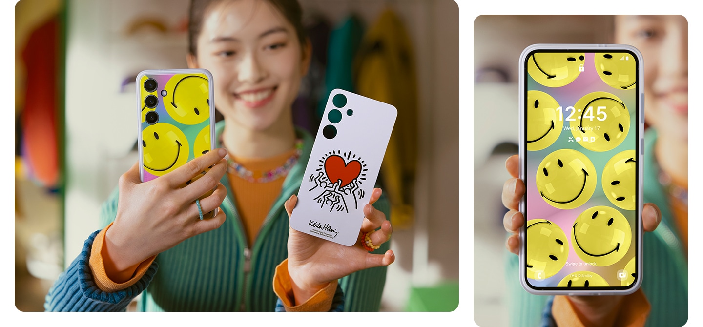 Người phụ nữ đang cầm điện thoại Galaxy S24+ với một chiếc đĩa màu vàng được gắn vào và một chiếc đĩa màu trắng. Ở mặt trước của thiết bị bên phải, tấm màu vàng được gắn và hiển thị Màn hình AOD của Yellow Smiley đã thay đổi.