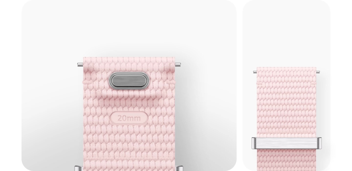 Nút bấm tháo gỡ dây đeo trên lớp lót trong của Dây đeo phong cách Galaxy Watch7 20mm được bấm vào để dễ dàng gắn thân đồng hồ Galaxy Watch vào dây đeo.