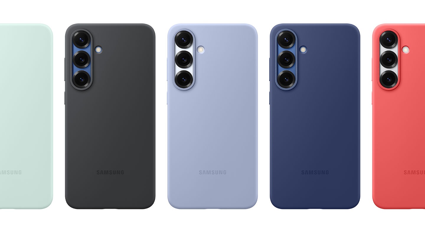 Tất cả các tùy chọn màu có sẵn của ốp lưng Silicone Galaxy S25+ gồm Xám, Đen, Xanh nhạt, Xanh Mint và Đỏ được hiển thị.