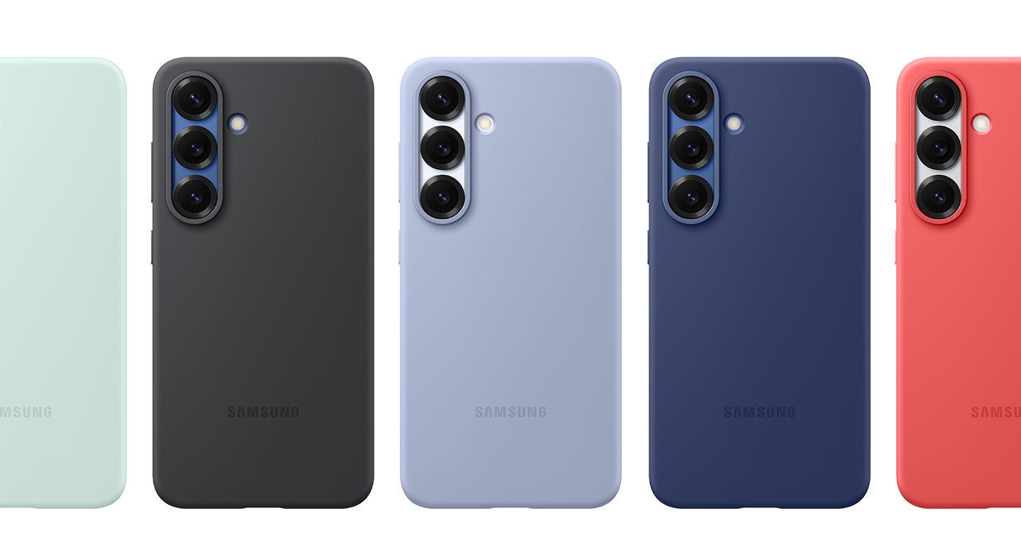 Tất cả các tùy chọn màu có sẵn của ốp lưng Silicone Galaxy S25 gồm Xám, Đen, Xanh nhạt, Xanh Mint và Đỏ được hiển thị.