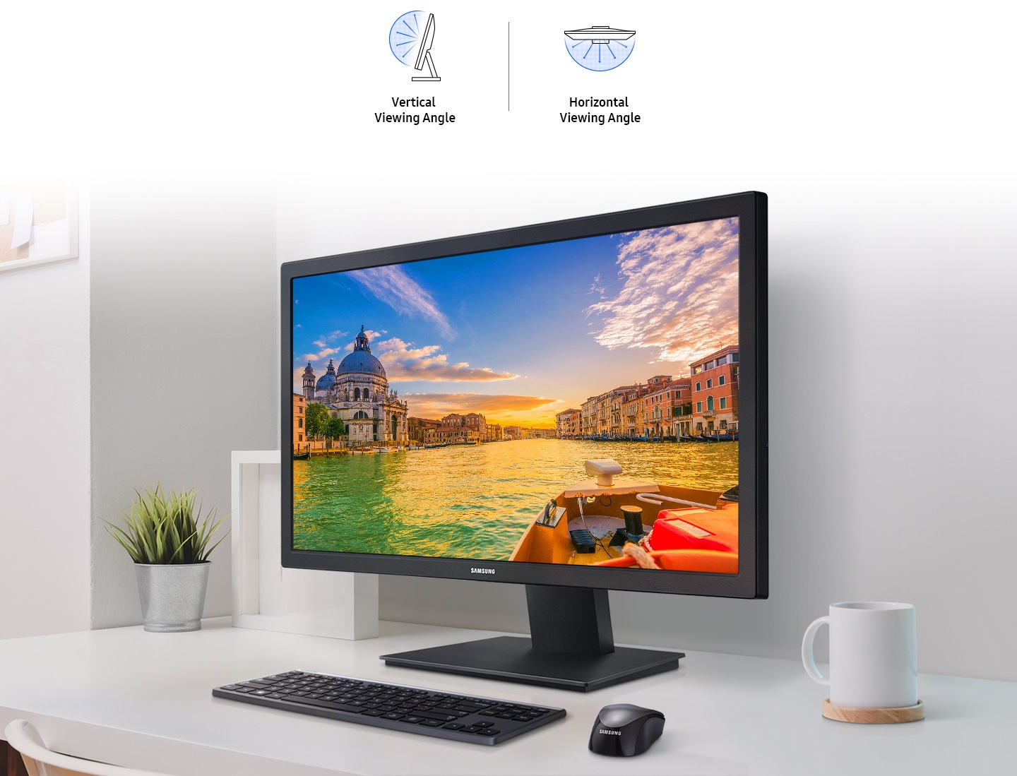 The product is placed on the desk with icons showing vertical and horizontal viewing angle.