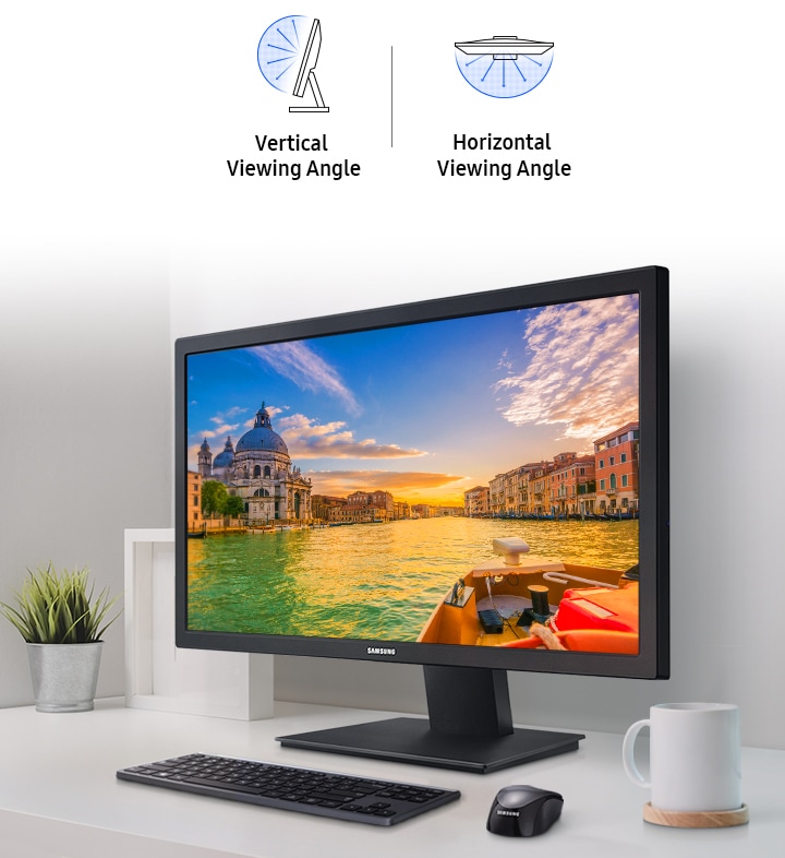 The product is placed on the desk with icons showing vertical and horizontal viewing angle.