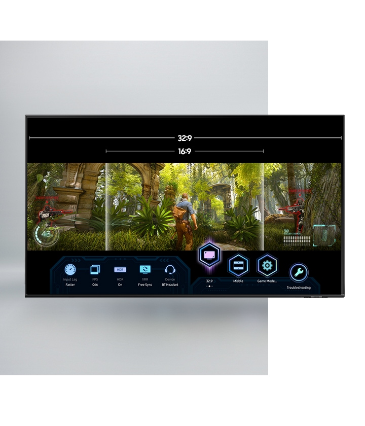 The 32:9 and 16:9 aspect ratio settings of the Super Ultrawide GameView mode are selected via the Game Bar on the QLED TV, giving users more in-game control with different settings.