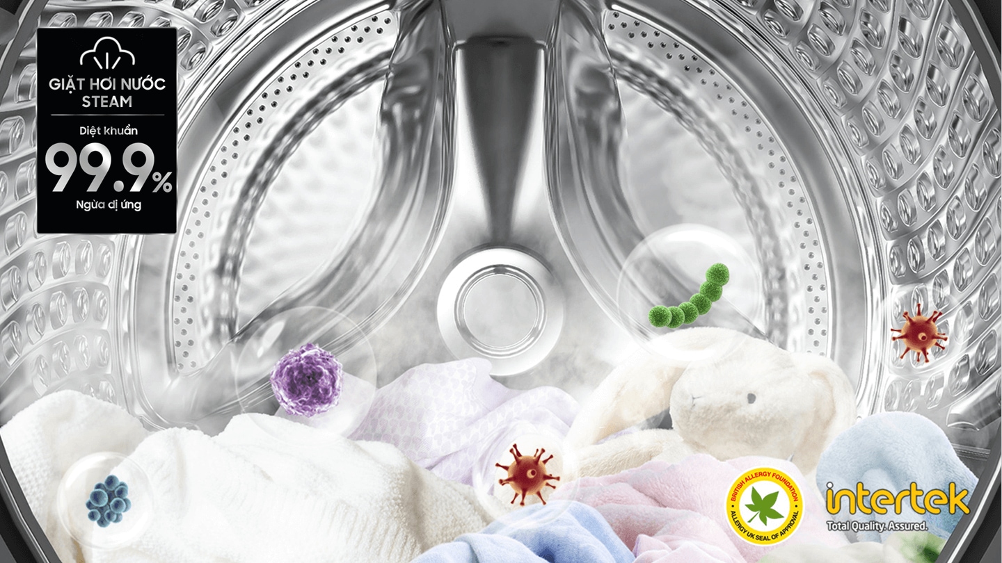 Steam wash certified by BAF and Intertek, steam is dispersed inside the washing machine door to remove allergens and bacteria up to 99.9%.