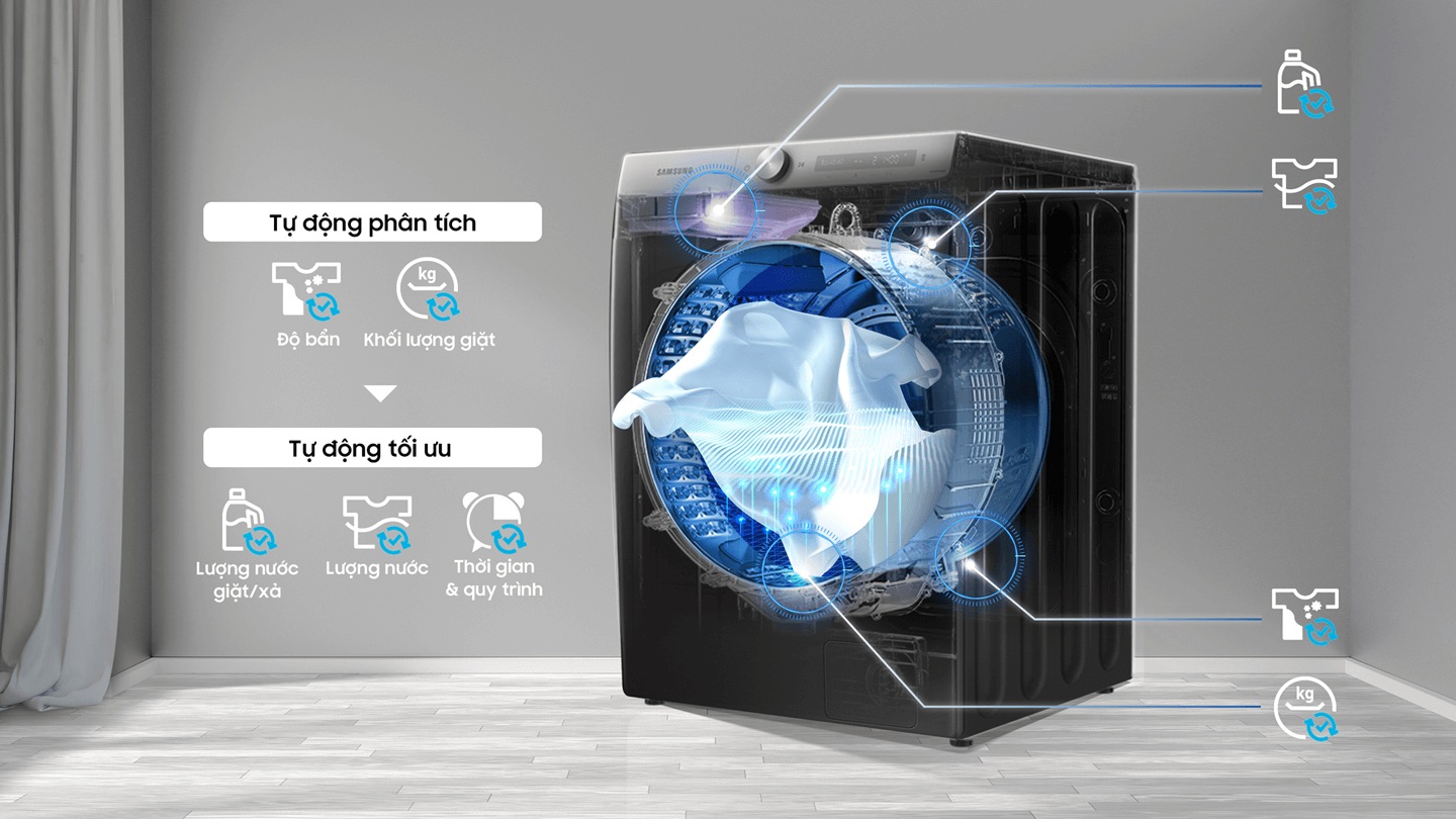 The location of the wash load, water level, soil level, and dust level sensors are shown on the transparent washer.