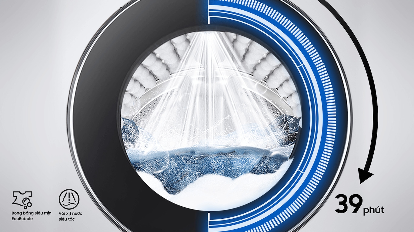 Phía trên cấu trúc bên trong của lồng giặt với công nghệ Q-Bubble, đồ họa kim đồng hồ cho biết giặt tiết kiệm 50% thời gian.