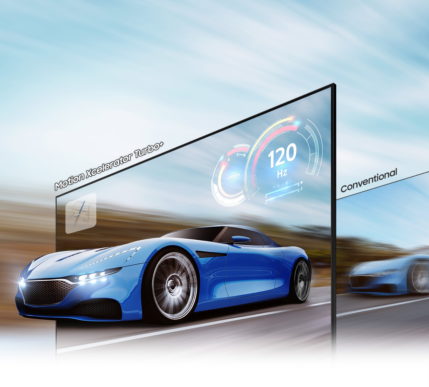 Một chiếc xe đua trên màn hình TV được hiển thị sắc nét hơn trên TV QLED so với TV thông thường do công nghệ motion xcelerator turbo+ lên đến 4K 120Hz.