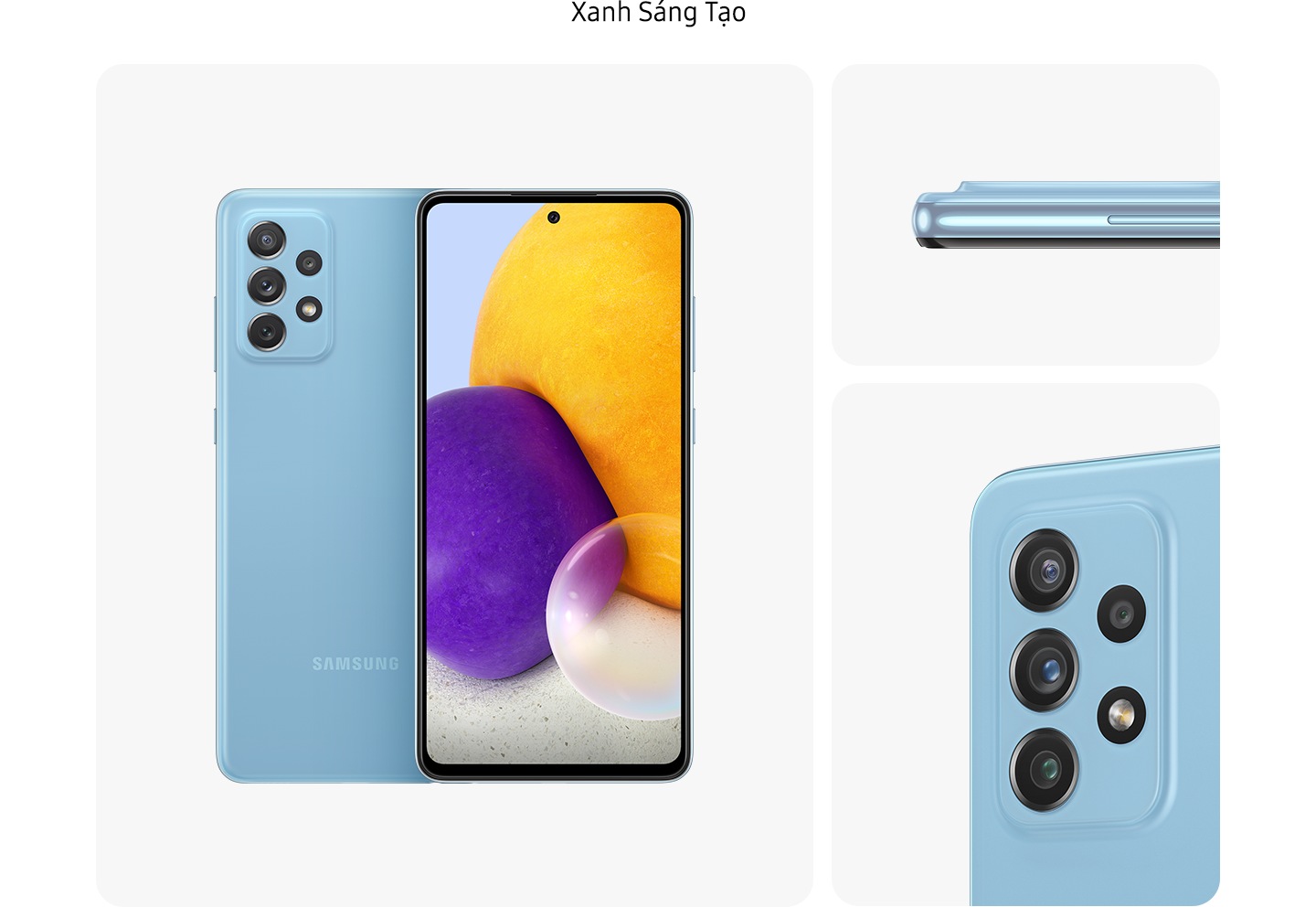 Điện thoại Galaxy A72 màu Xanh Năng Động (Awesome Blue), nhìn từ nhiều góc độ để hiển thị thiết kế: phía sau, phía trước, bên cạnh và cận cảnh trên camera sau.