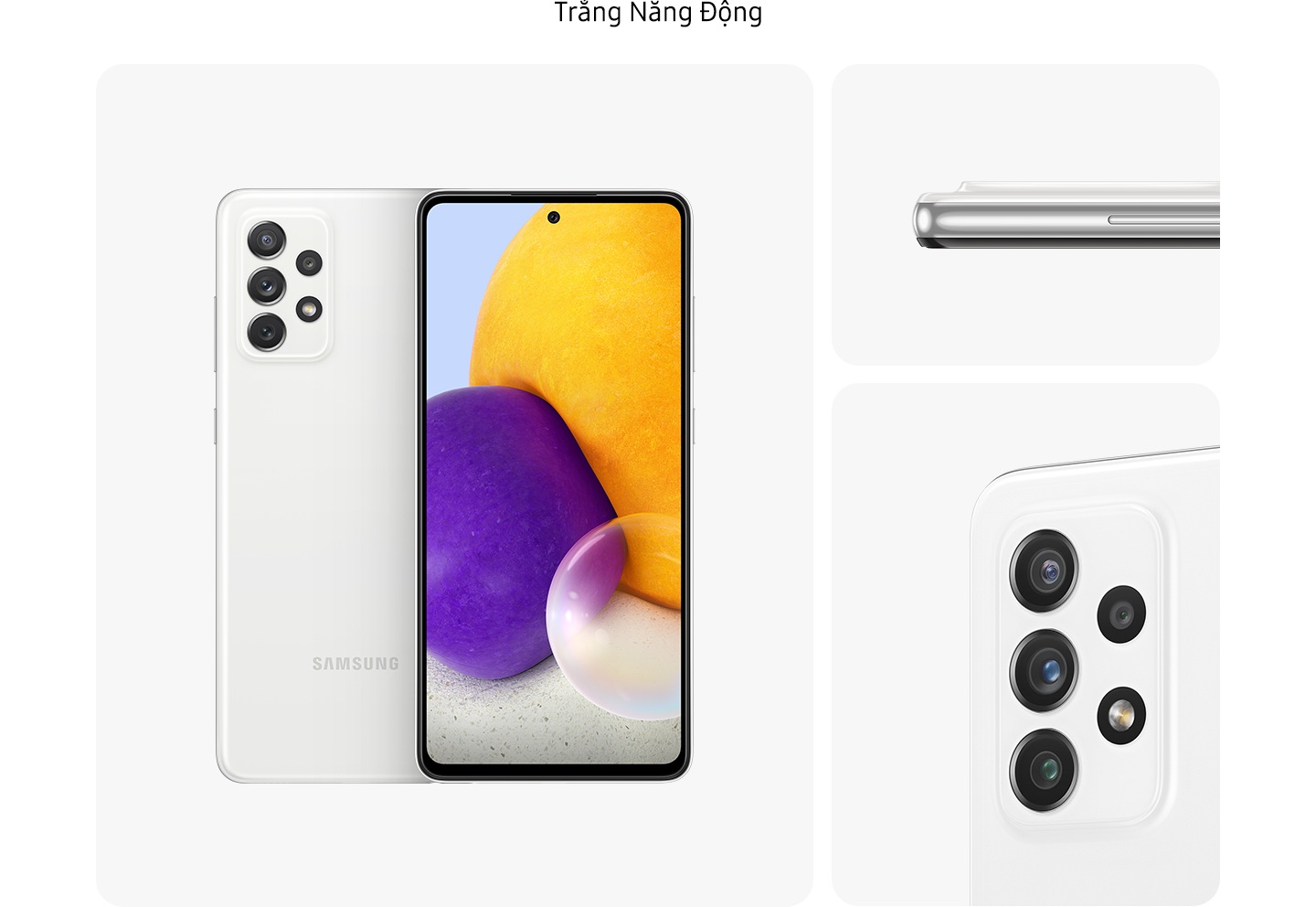 Điện thoại Galaxy A72 màu Trắng Tối Giản (Awesome White), nhìn từ nhiều góc độ để hiển thị thiết kế: phía sau, phía trước, bên cạnh và cận cảnh trên camera sau.