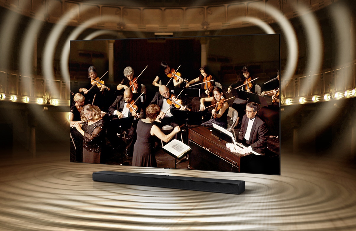 Đồ họa sóng âm thanh từ loa TV và loa thanh cho thấy Q Symphony cho phép âm thanh được nghe đồng thời từ loa TV và loa thanh.