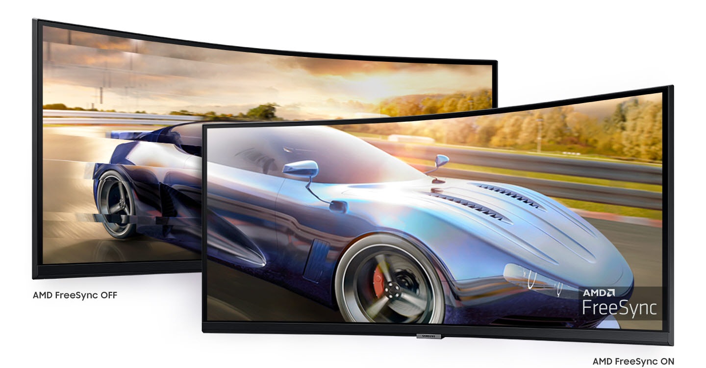 Similar monitors are compared with AMD FreeSync Off on the left and FreeSync On on the right. Screen tearing is shown on the left screen.