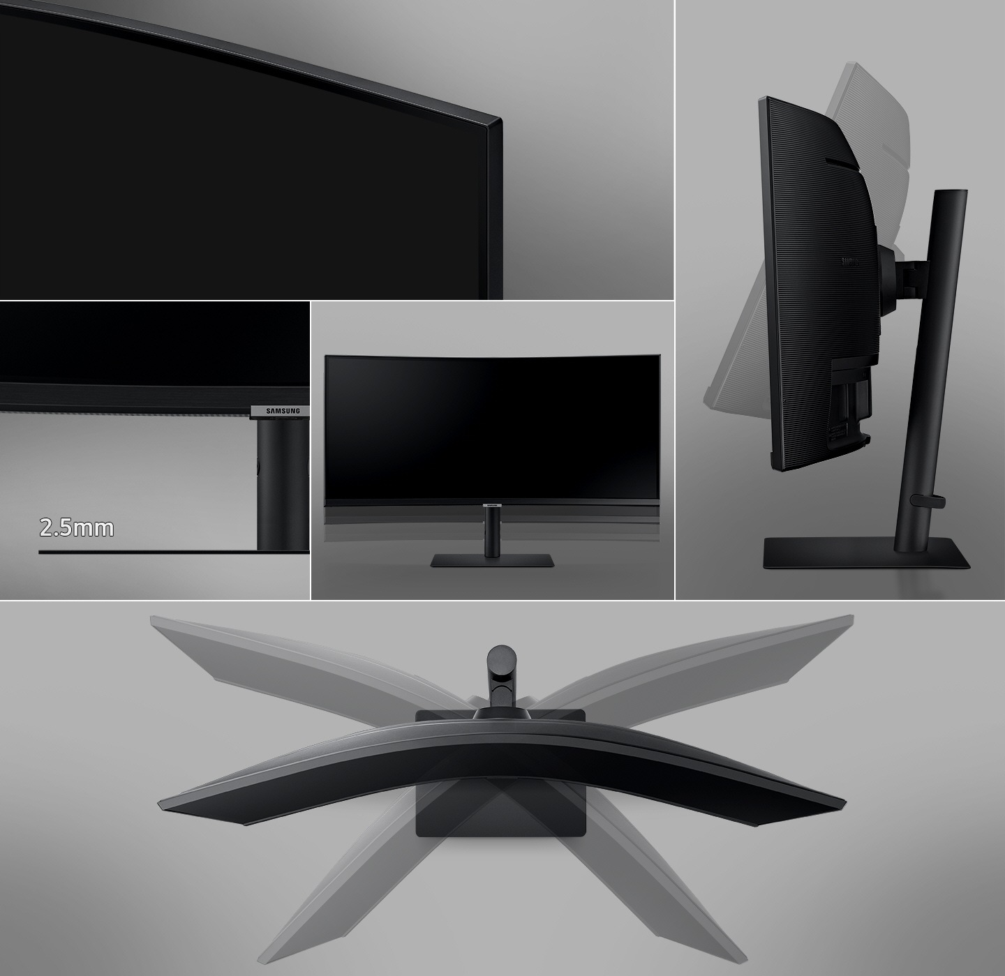 It shows the angle, height and angle adjustment functions of the S65UA respectively and a 2.5mm thin metal stand.
