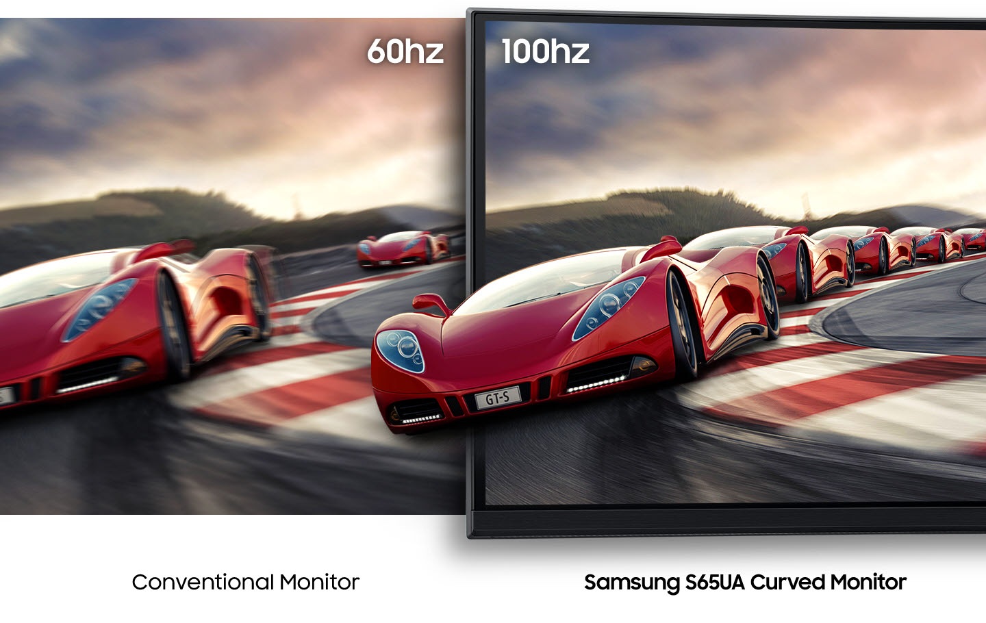 Compare that the 100Hz screen of the Samsung S65UA Curved Monitor is clearer than the 60Hz screen of the regular monitor.