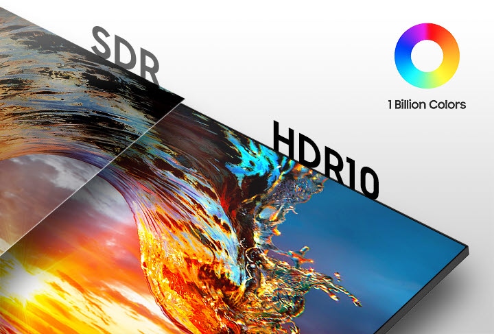 So sánh màn hình SDR ở bên trái và màn hình HDR10 ở bên phải. Có 1 biểu tượng Tỷ màu ở trên cùng bên phải.