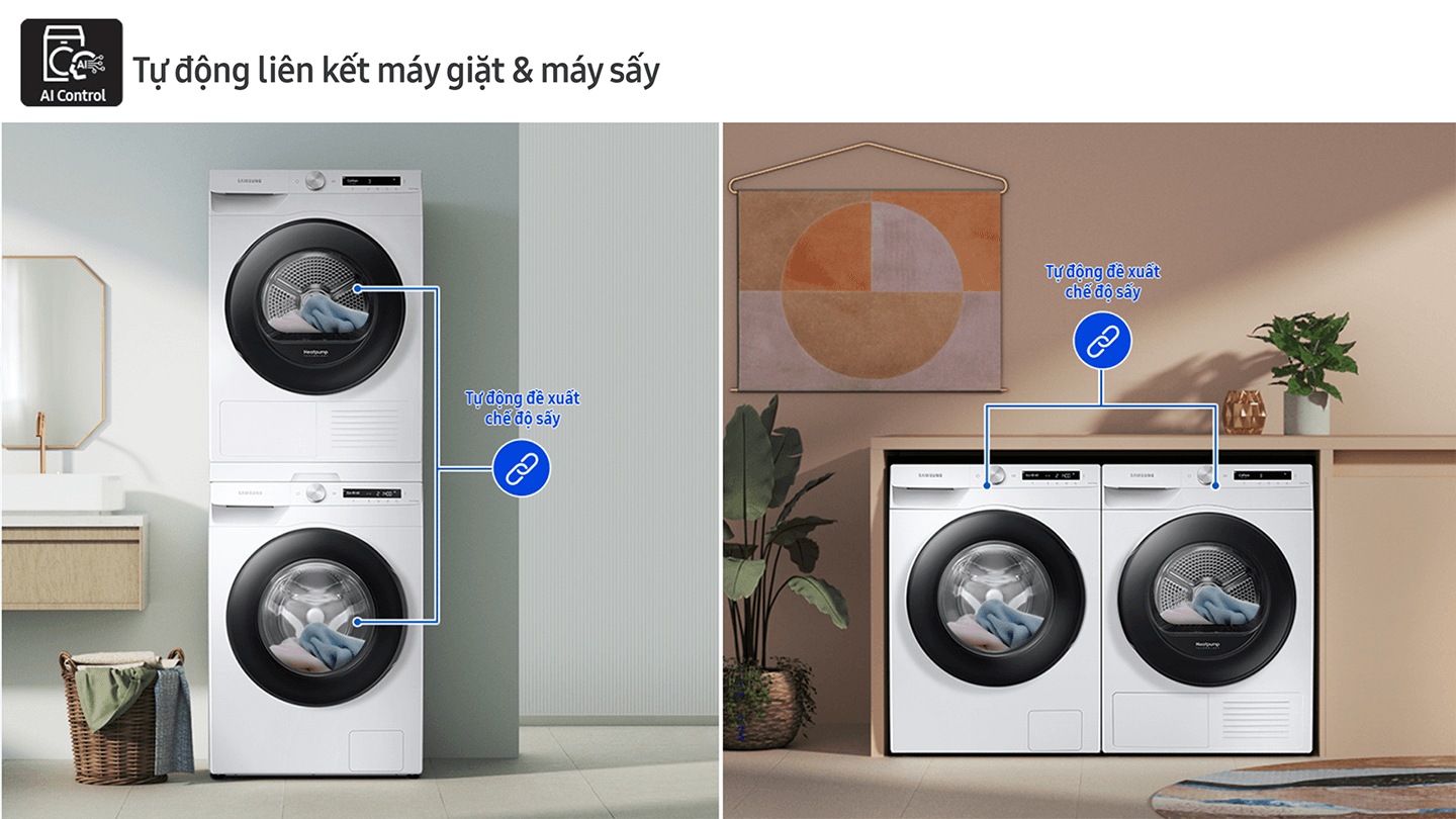 Chu trình giặt được kiểm soát thông qua ứng dụng SmartThings. Quy trình dựa trên Công thức giặt đồ, Kế hoạch giặt ủi, HomeCare Wizard và Thời tiết.