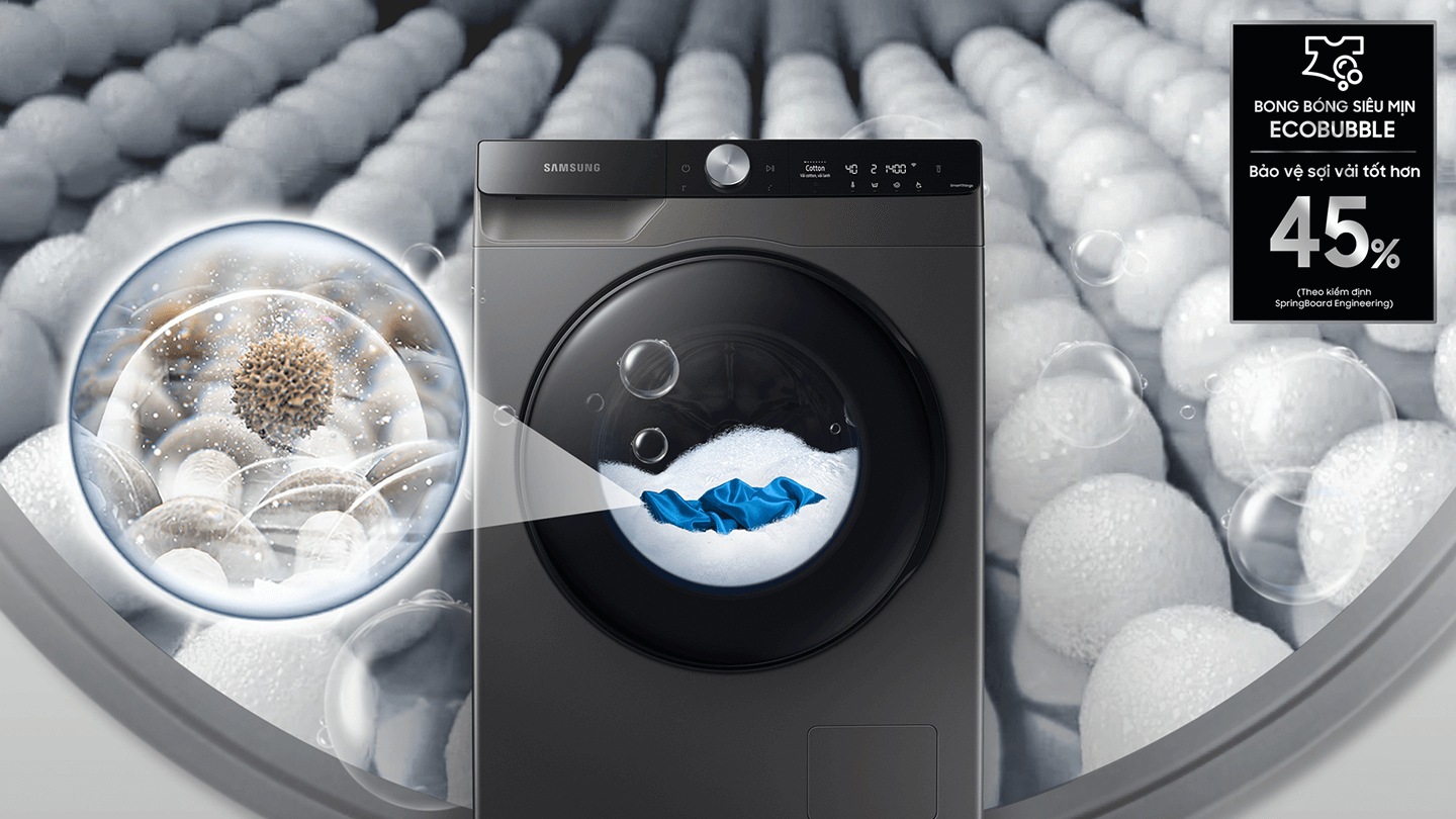 Thông qua các lỗ bong bóng trong lồng giặt của máy giặt, các bong bóng CS_Từ hỗn hợp bột giặt và nước cho phép thâm nhập hiệu quả hơn để loại bỏ bụi bẩn và vết bẩn trên vải.