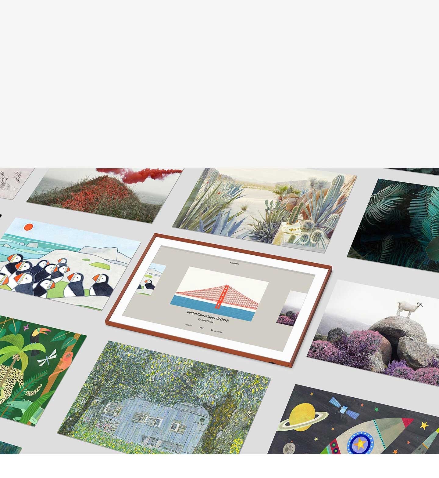 Hình ảnh giao diện người dùng Art Mode cho thấy cây cầu và hình ảnh nước đang được chọn trong số các lựa chọn tác phẩm nghệ thuật khác nhau.
