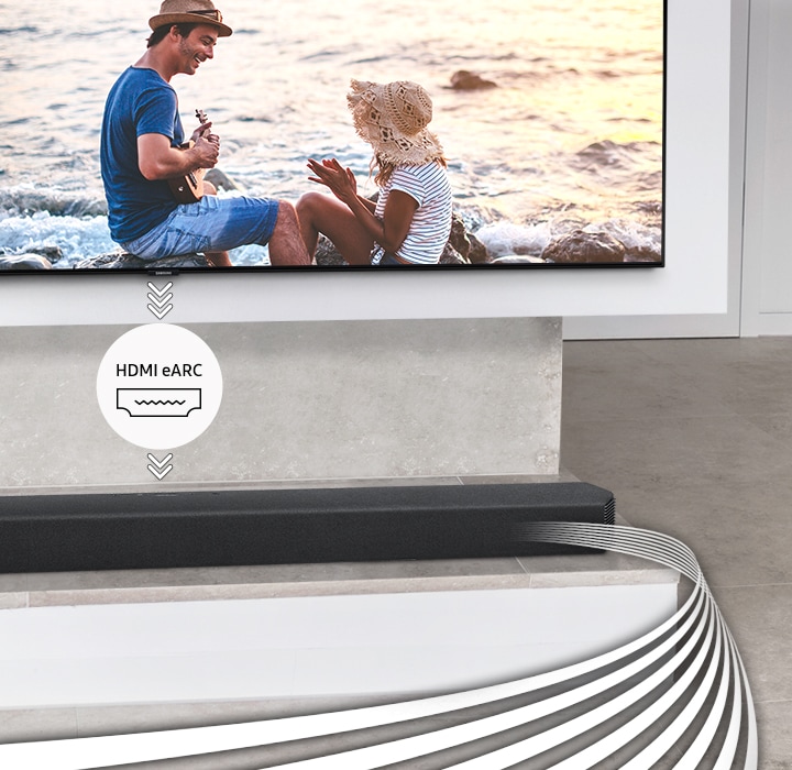 Đồ họa sóng âm thanh hiển thị âm thanh rời khỏi soundbar. Đồ họa HDMI eARC giữa TV và soundbar cho biết âm thanh đang được phát qua soundbar thông qua thiết bị được kết nối với TV bằng HDMI.