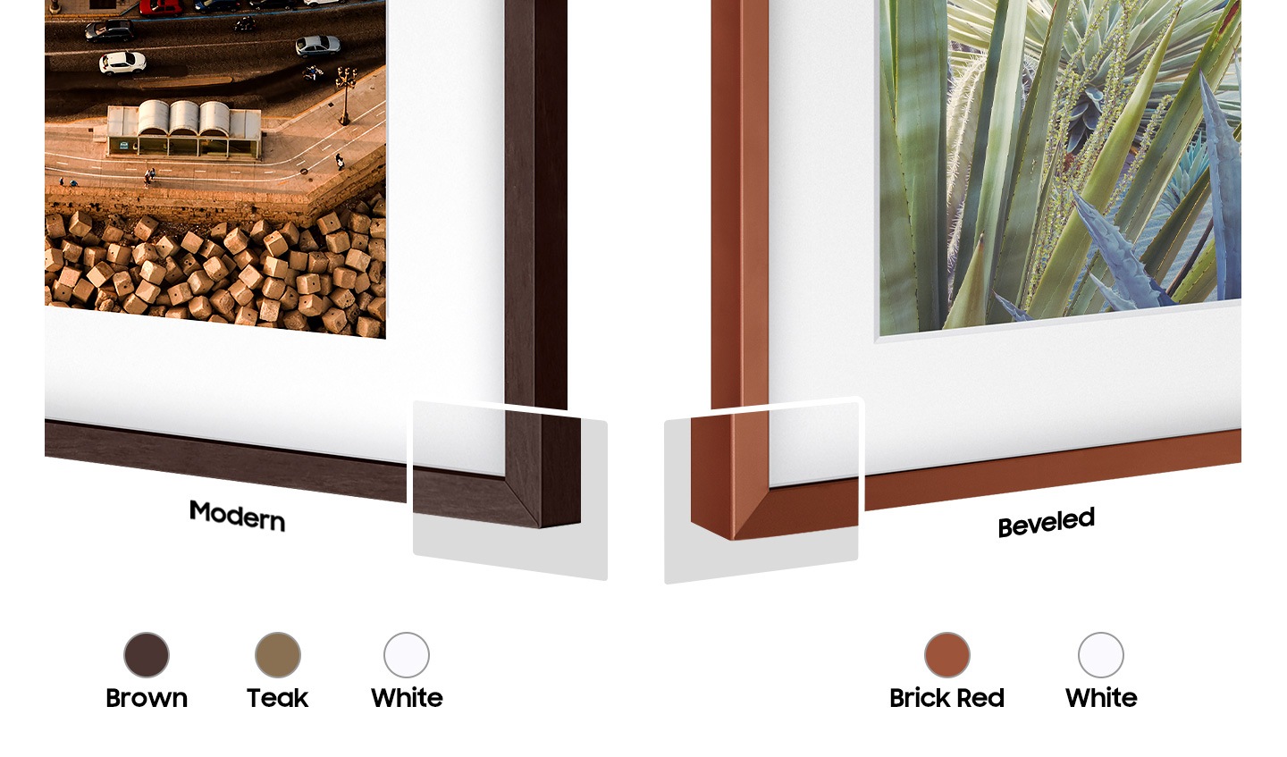 Two bezel types, Modern and Beveled, sit side-by-side to offer users a choice of contemporary or authentic frame style. Color chips for Brown, Teak, White and Brick Red are shown.