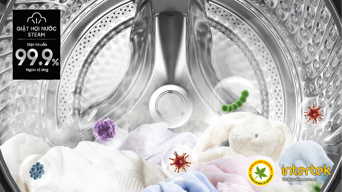 Steam Wash certified by BAF and Intertek, steam is dispersed inside the washing machine door to remove allergens and bacteria up to 99.9%.