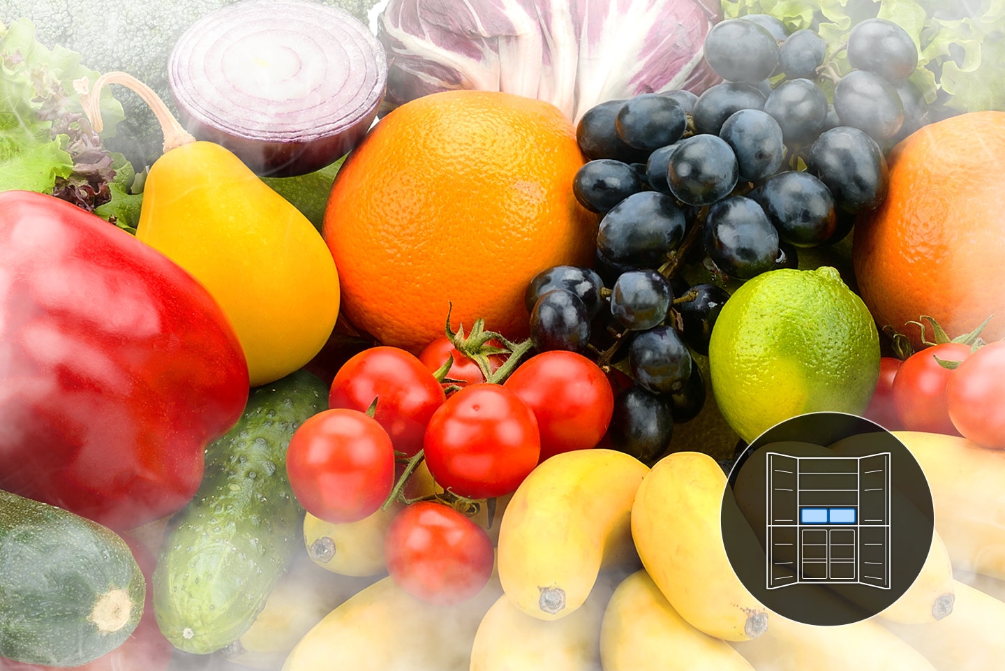 Hình ảnh cận cảnh trái cây và rau tươi trong Tủ lạnh Đa Cửa Samsung RF48A4010M9 488L (Bạc) để hiển thị chức năng Power Cool.