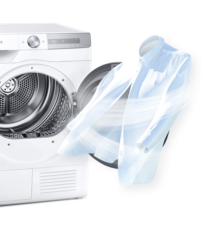 To show cleanliness, a strong air current is being blown to a white shirt where it stands next to an open dryer door.