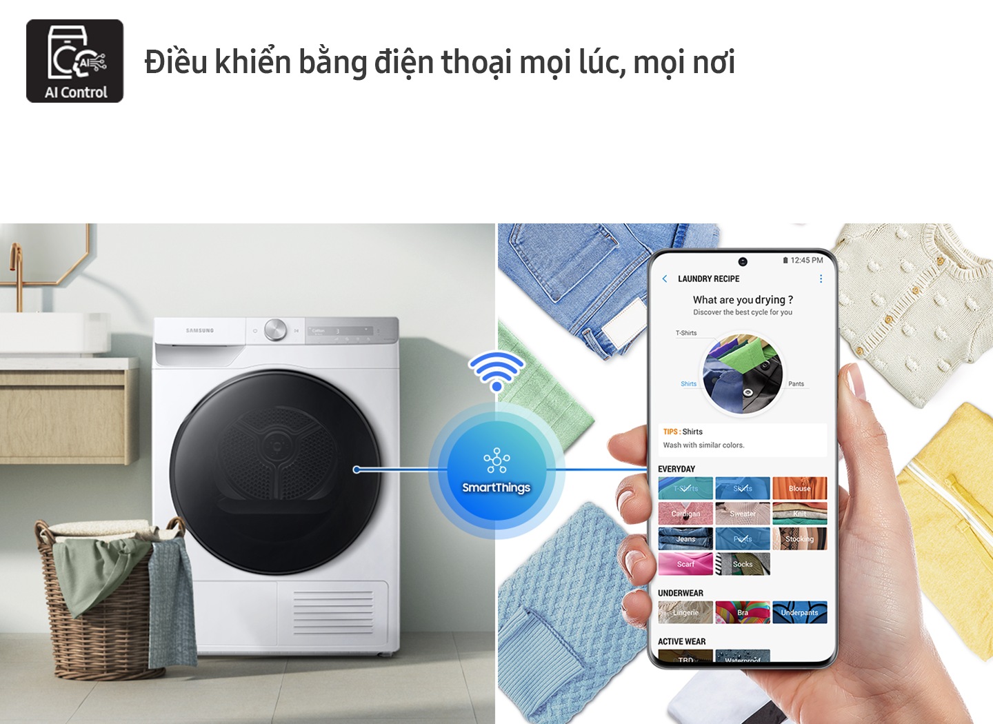 Chu trình sấy được kiểm soát thông qua ứng dụng SmartThings. Quy trình dựa trên Công thức giặt đồ, Kế hoạch giặt ủi, HomeCare Wizard và Thời tiết.