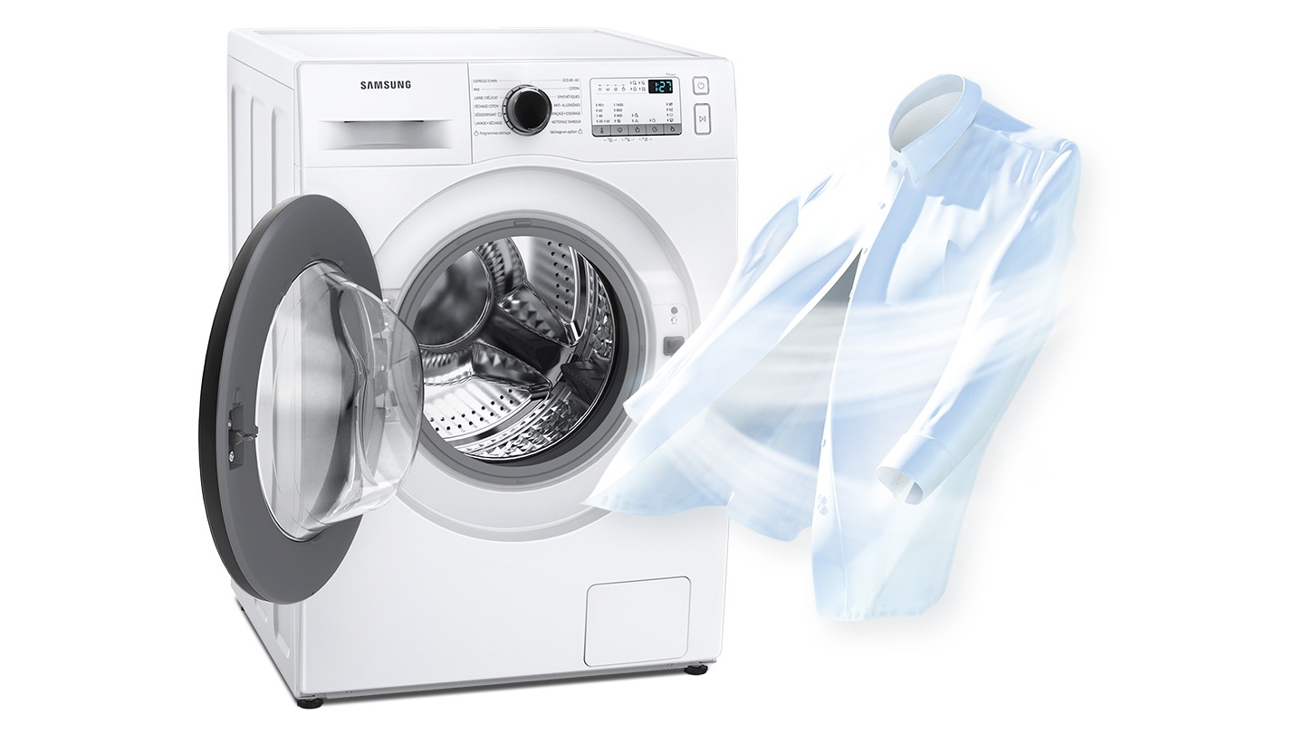 To show cleanliness, a strong air current is being blown to a white shirt where it stands next to an open dryer door.