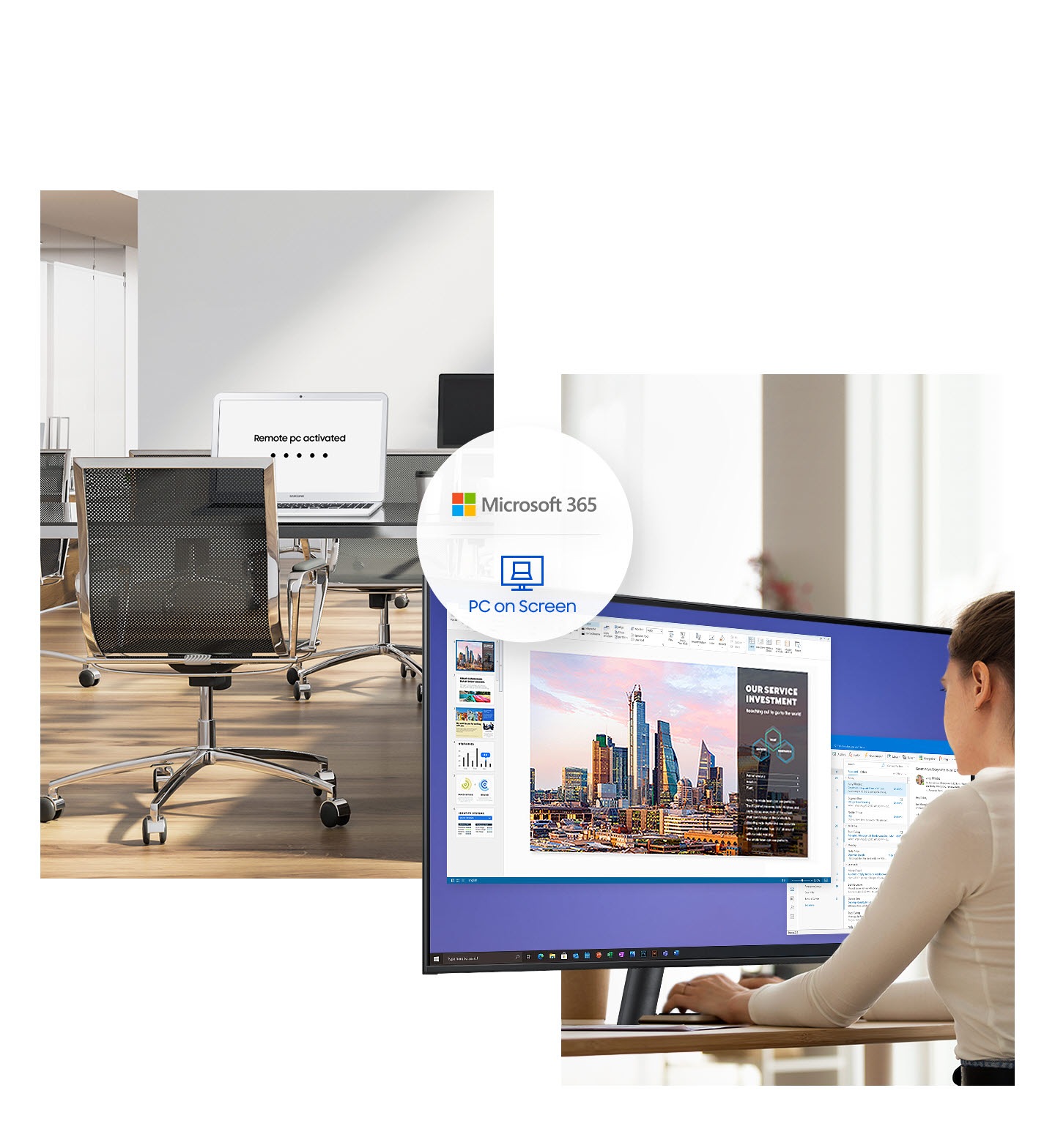 An office laptop shows 'Remote PC activated.' A woman at home uses a monitor. Office 365 and PC on Screen are shown in between.