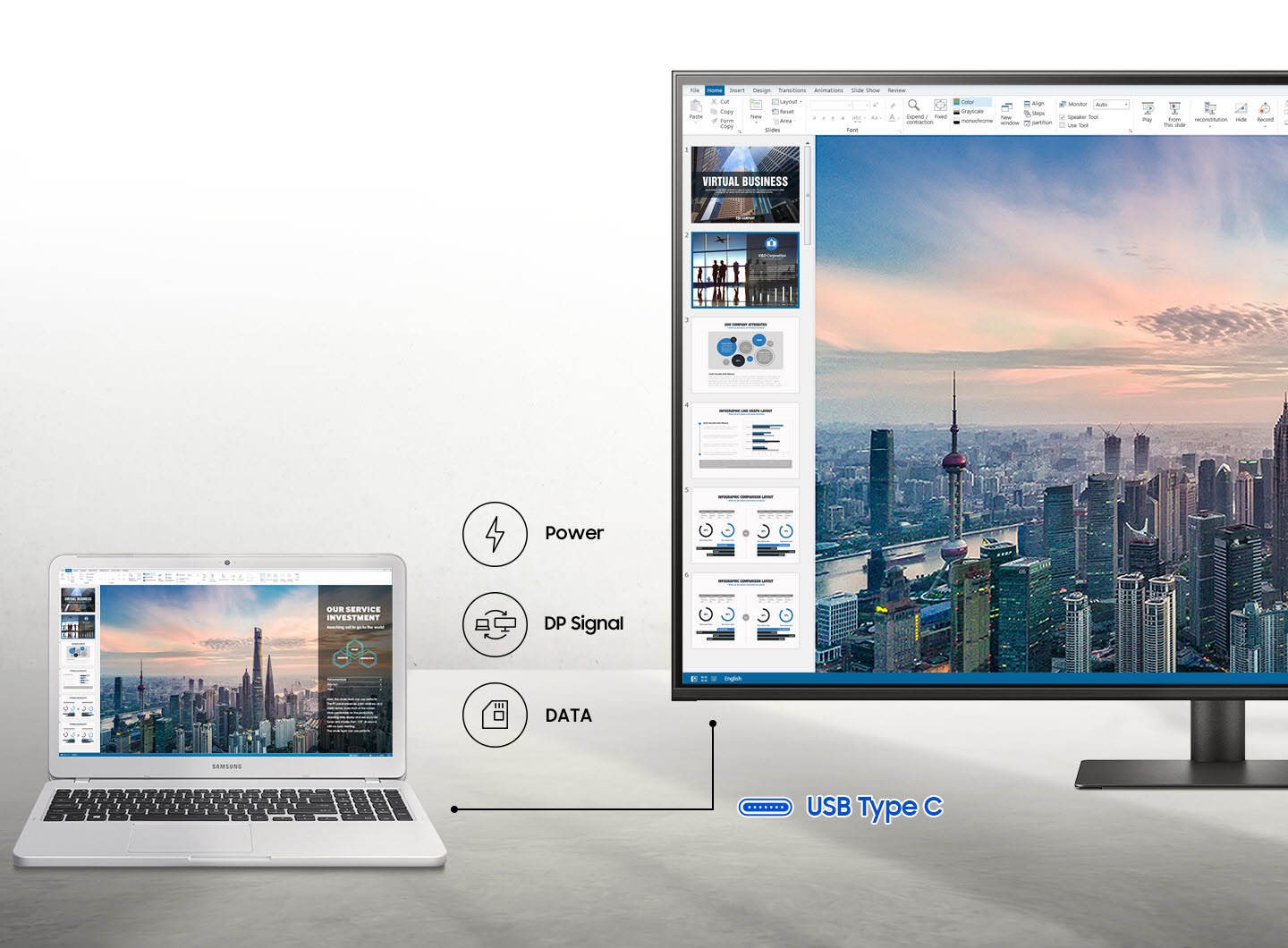 A line between a laptop and monitor represents the USB Type-C connection. Icons represent Power, DP Signal, and Data.