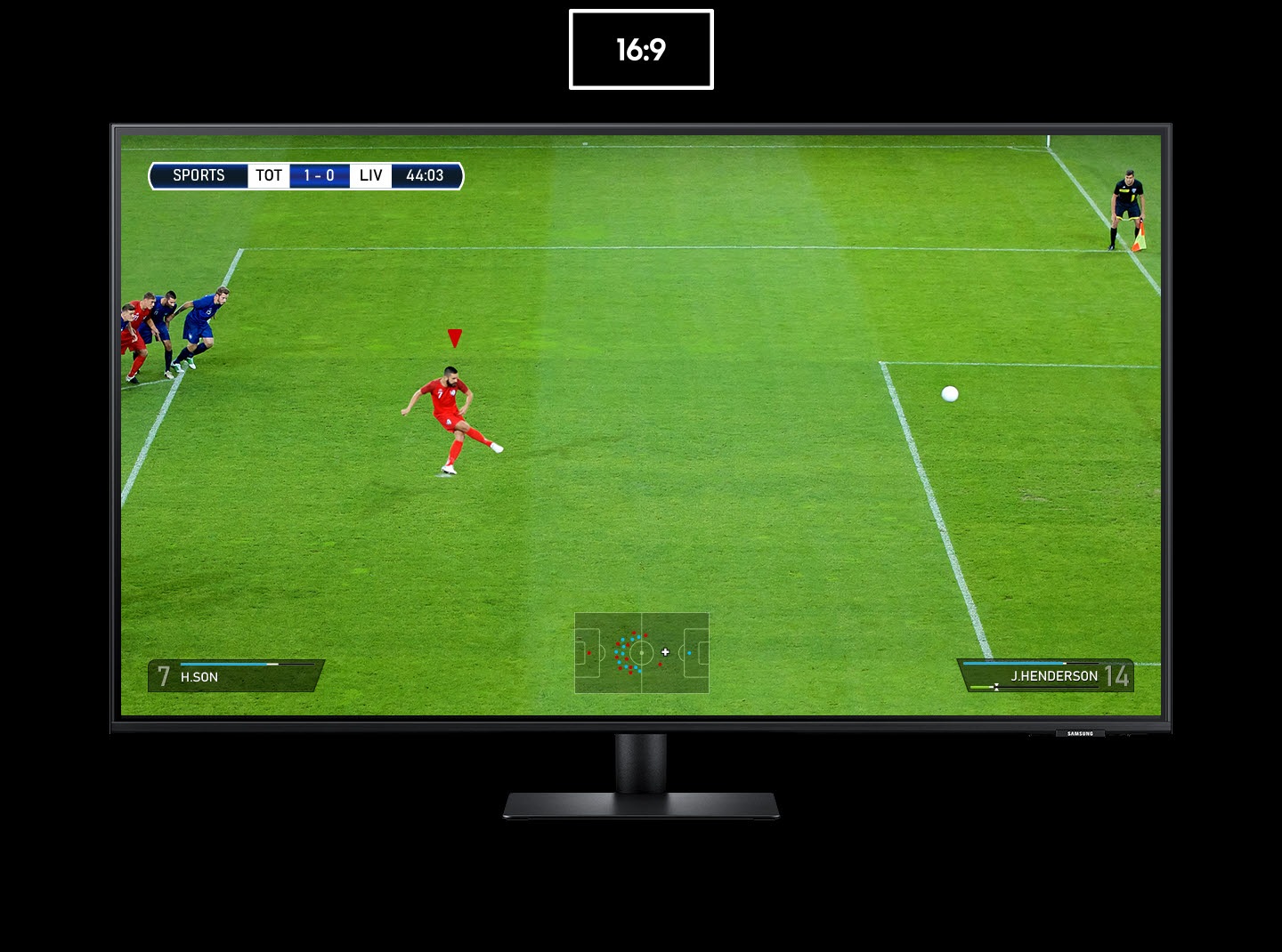 The monitor shows a photo of a penalty kick in a soccer match. As the 16:9 ratio display transforms to 21:9, the goalkeeper on the right and other players behind the kicker on the left are revealed. The additional view on each side highlighted by dotted lines.