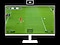 The monitor shows a photo of a penalty kick in a soccer match. As the 16:9 ratio display transforms to 21:9, the goalkeeper on the right and other players behind the kicker on the left are revealed. The additional view on each side highlighted by dotted lines.